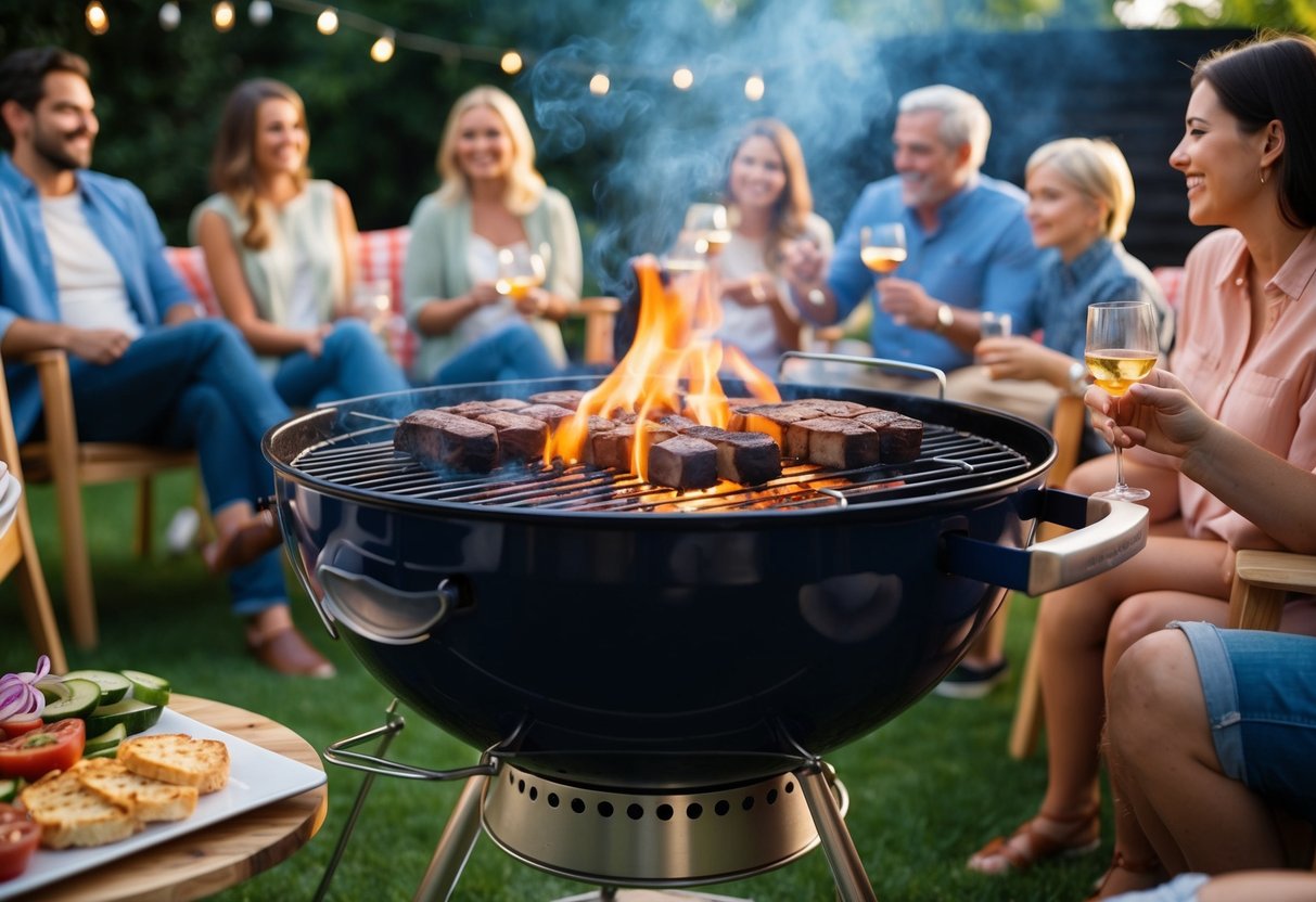 A cozy backyard barbecue with smoke-free briquettes glowing in the grill, surrounded by friends and family enjoying a smoke-free atmosphere