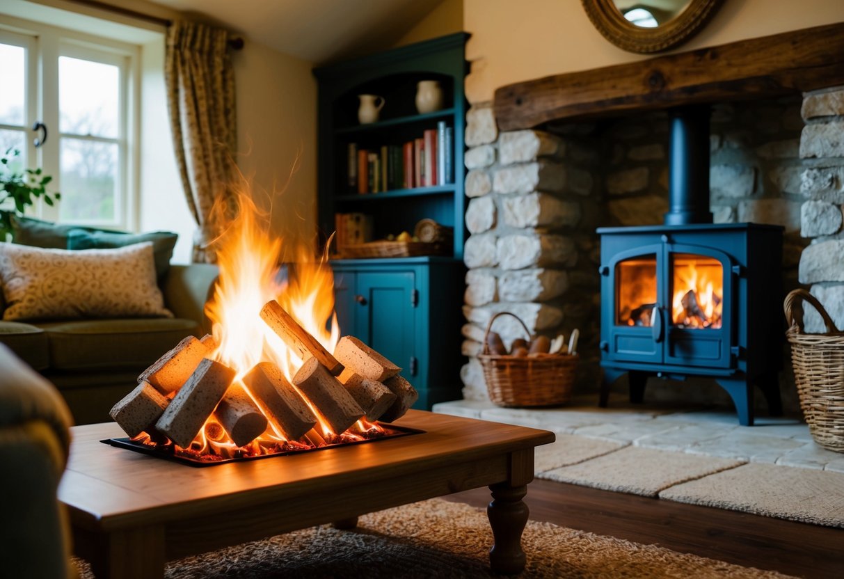 A cozy Irish cottage with a roaring fire fueled by smoke-free briquettes, contrasting with traditional fuels