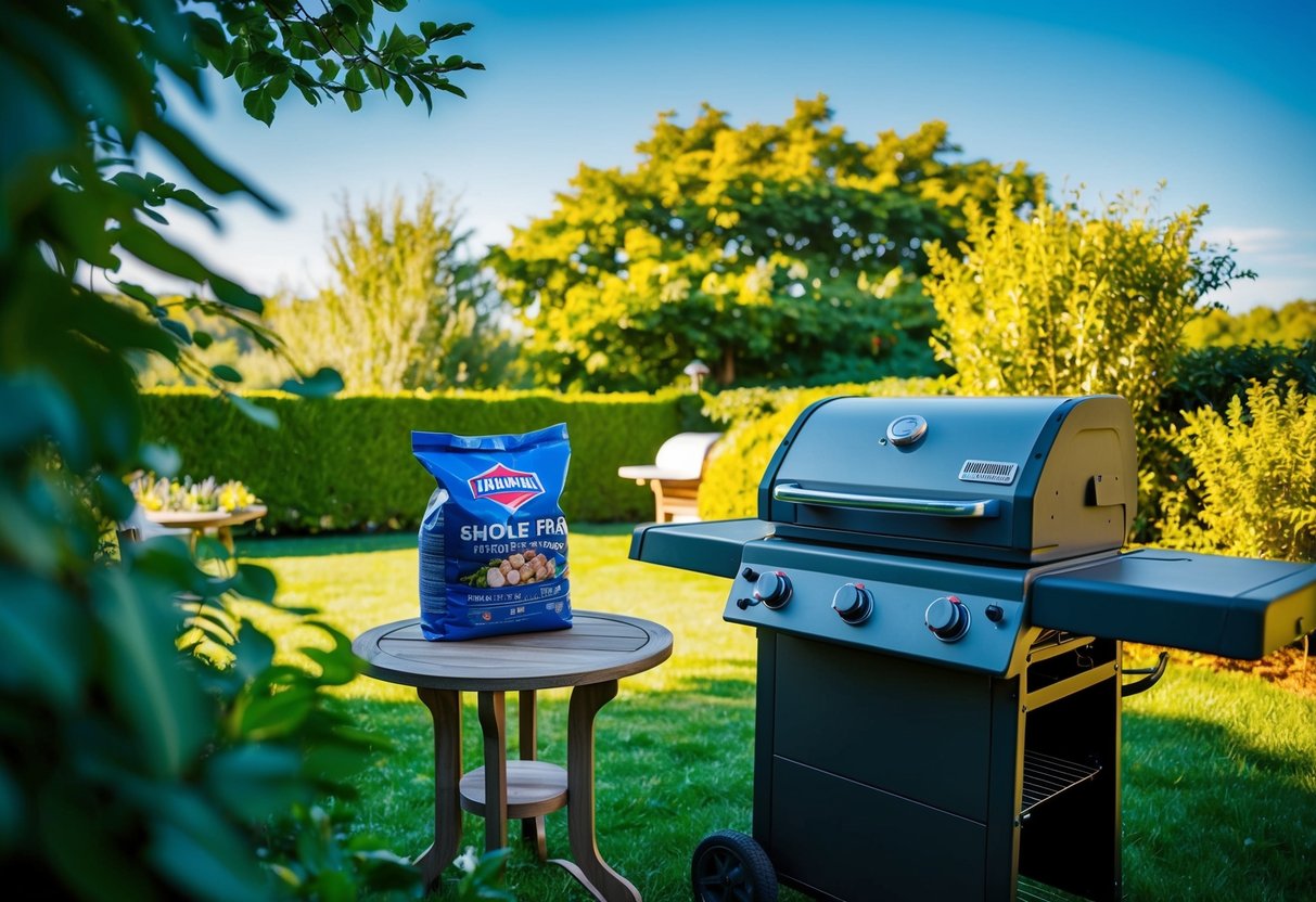 A cozy backyard with a grill, surrounded by lush greenery and a clear blue sky, with a bag of smoke-free briquettes prominently displayed