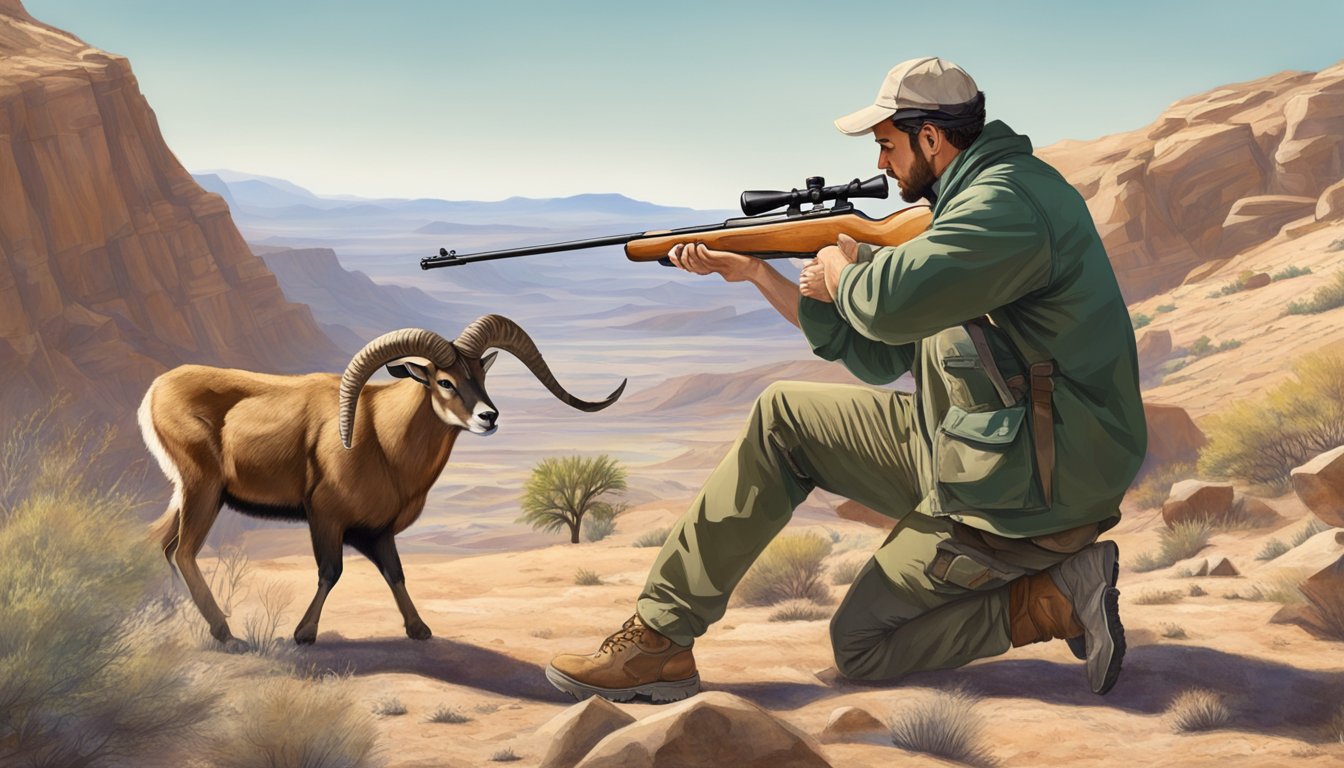 A hunter aims rifle at aoudad in rocky desert landscape