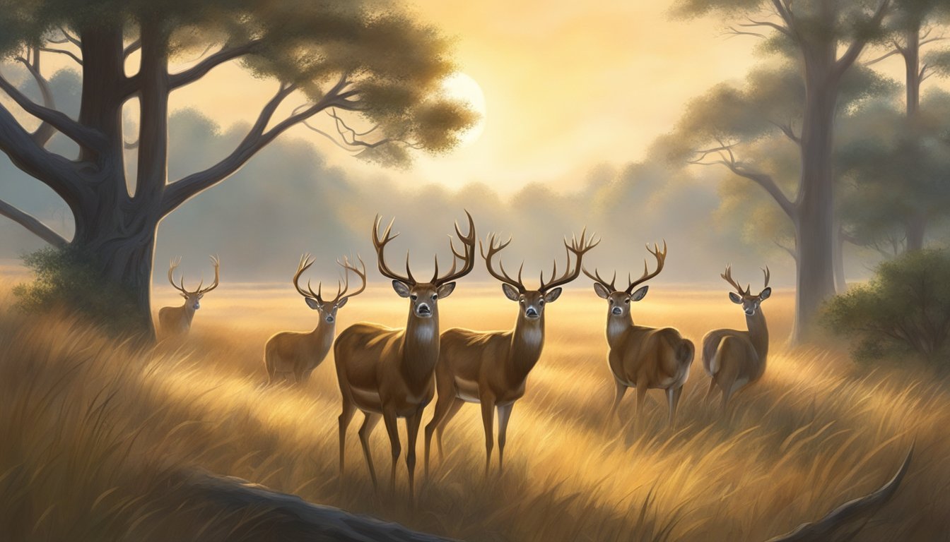 Axis deer grazing in open grasslands, surrounded by dense forest. Sunlight filters through the trees as they move gracefully, creating a serene hunting scene