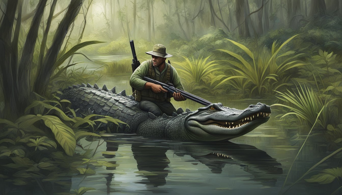 An alligator hunter navigating through a swamp, rifle in hand, surrounded by dense vegetation and murky water