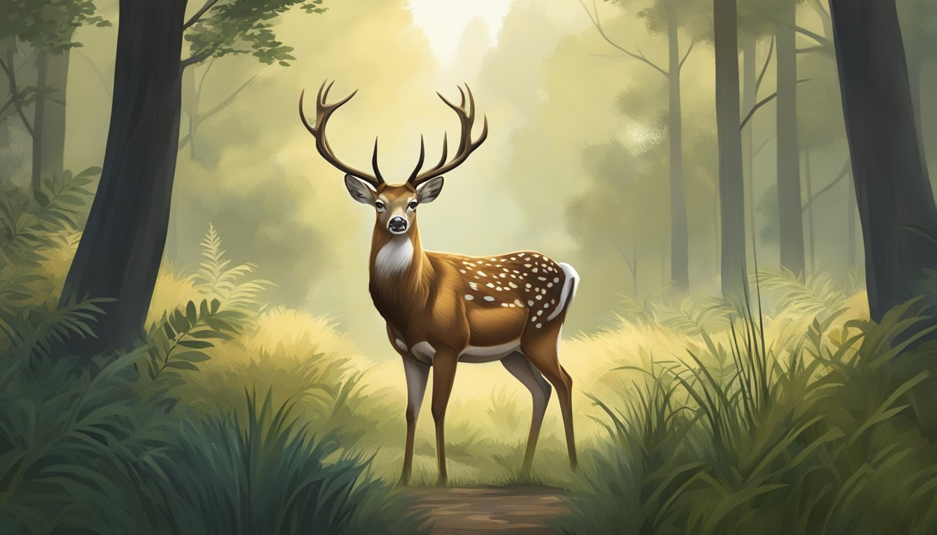 An axis deer stands in a lush forest, surrounded by tall grass and trees. The deer's majestic antlers and sleek body exude a sense of strength and grace