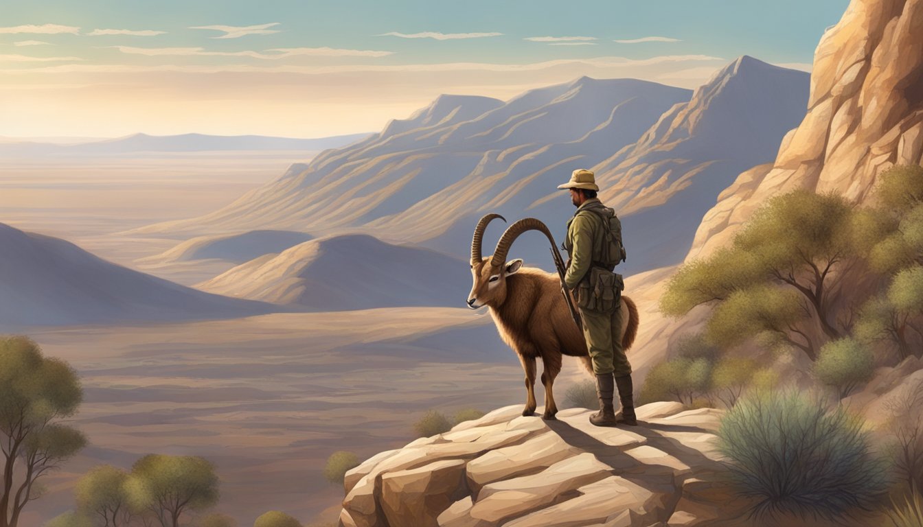 A hunter stands on a rocky outcrop, rifle in hand, overlooking a vast desert landscape with aoudad sheep grazing in the distance