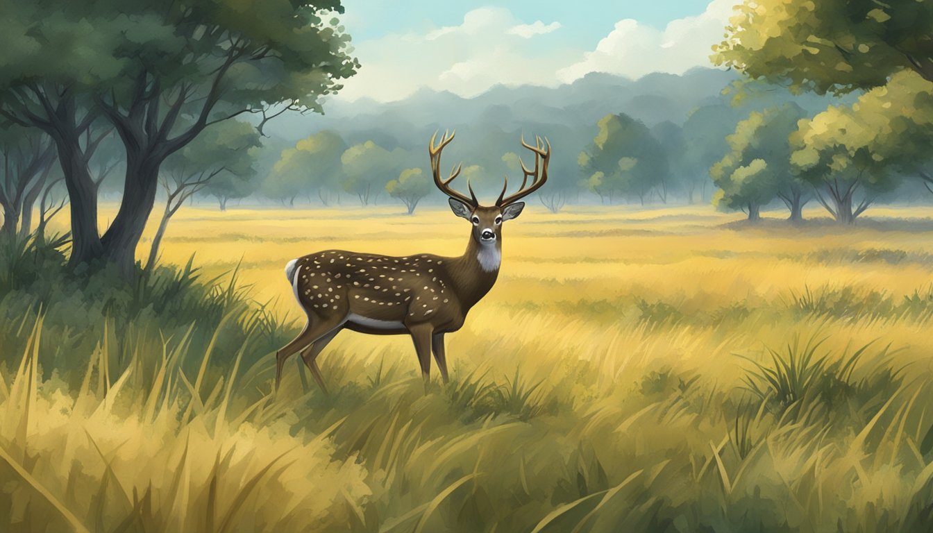 Axis deer grazing in a lush field, surrounded by trees. A hunter aims a rifle from a distance