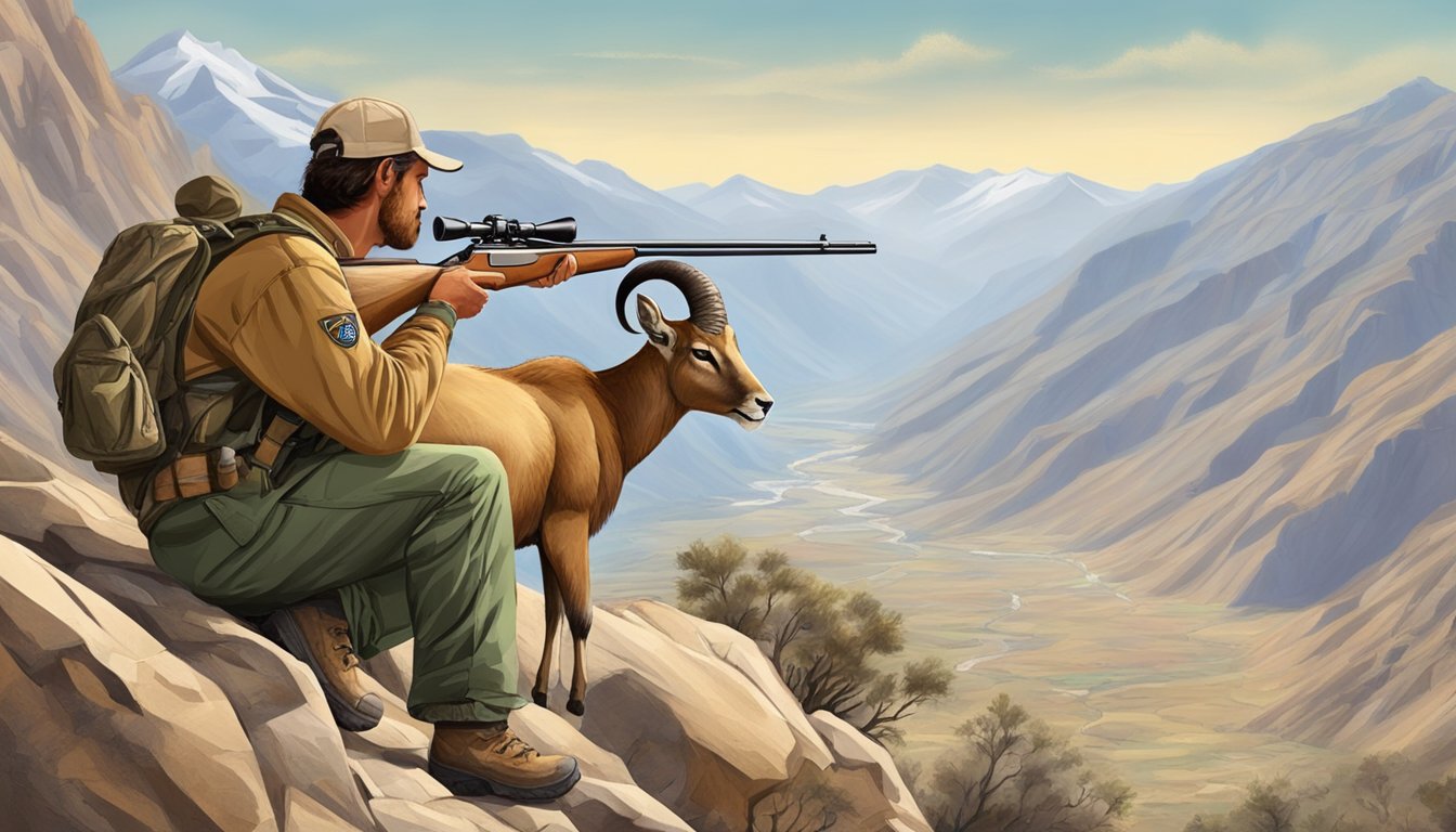 A hunter aiming at a majestic aoudad in a rugged mountainous landscape