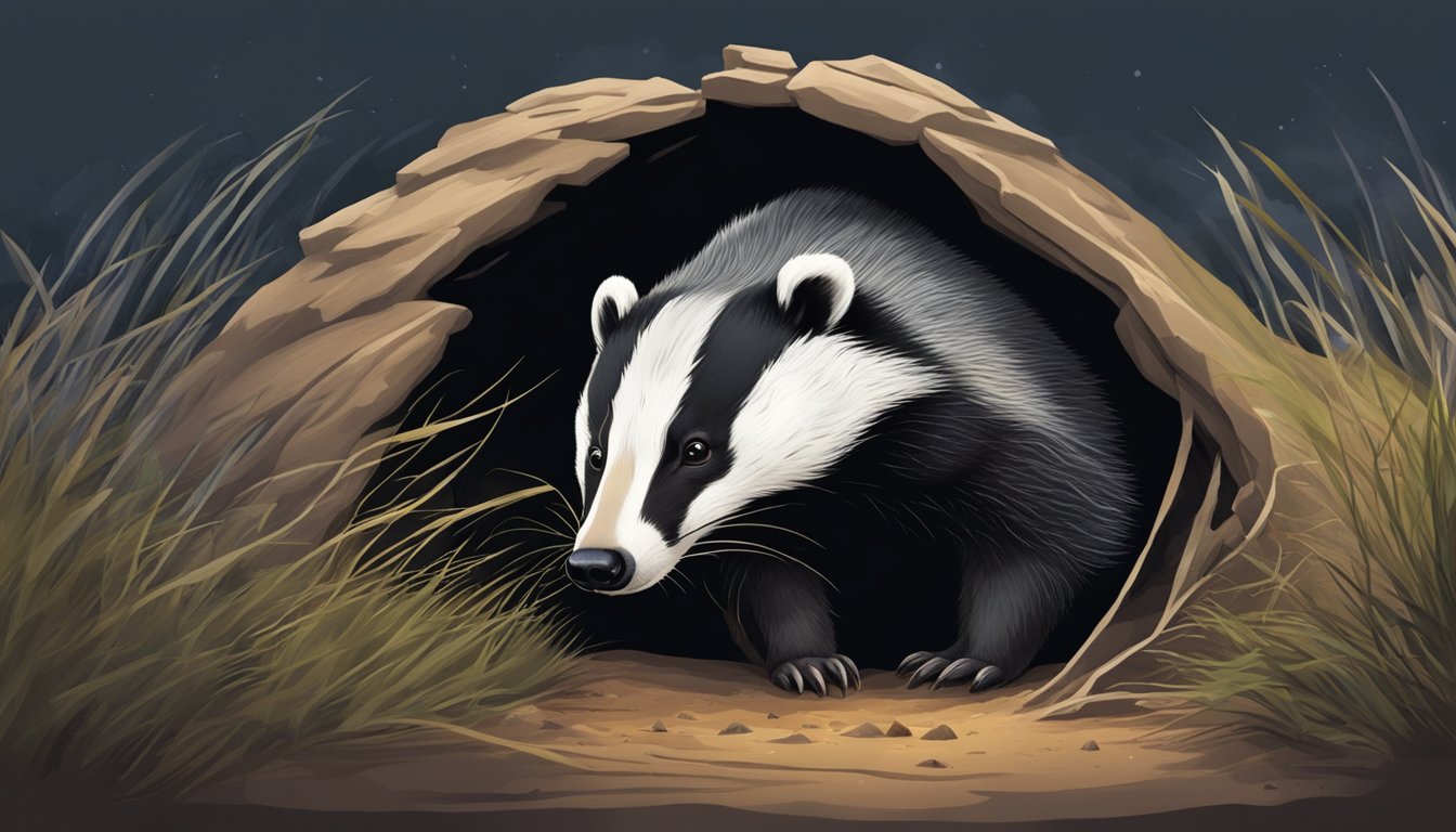 A badger emerging from its burrow at dusk, sniffing the air for potential prey during hunting season