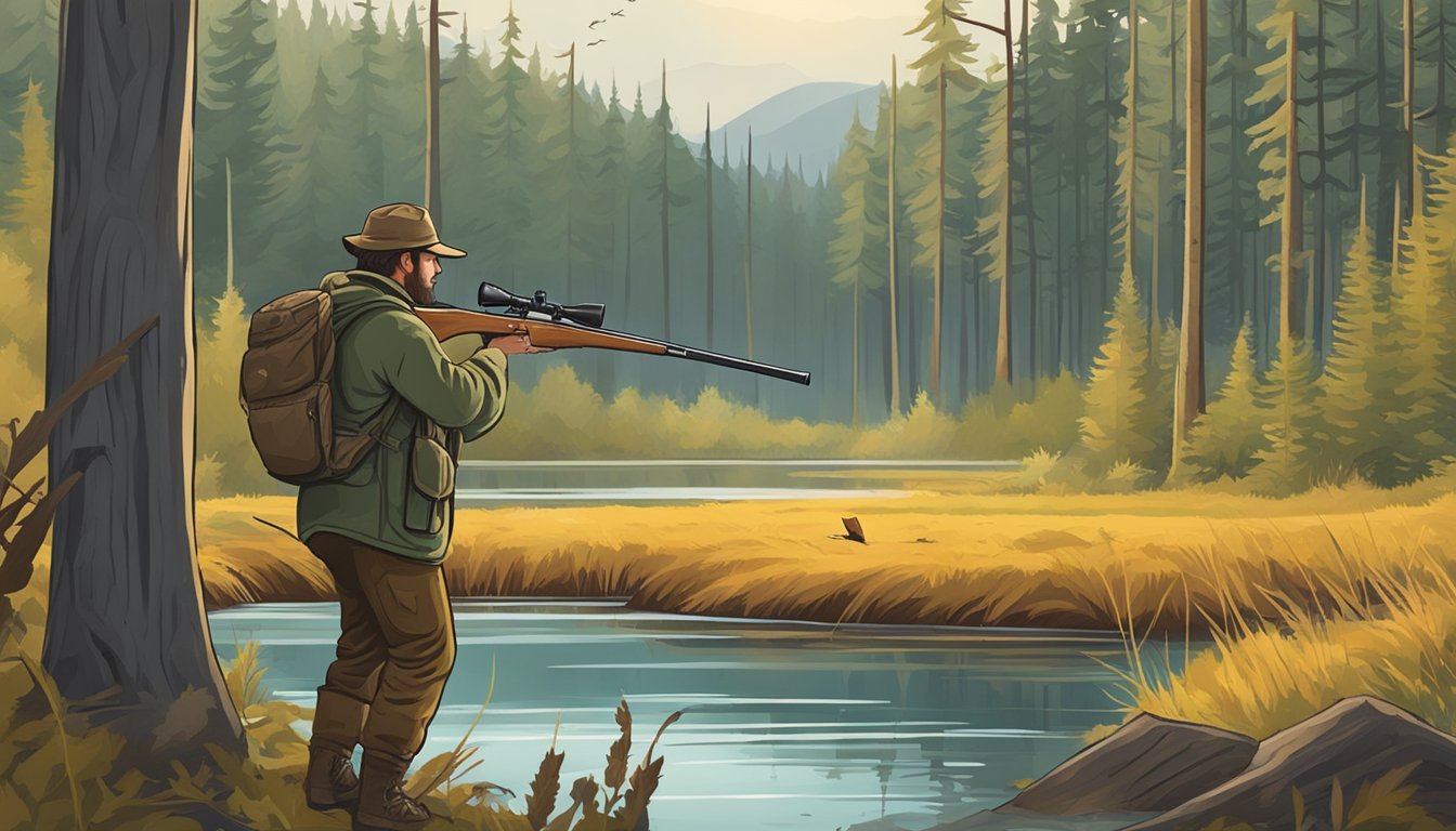 A hunter with a rifle and a beaver dam in a forest clearing during beaver hunting season