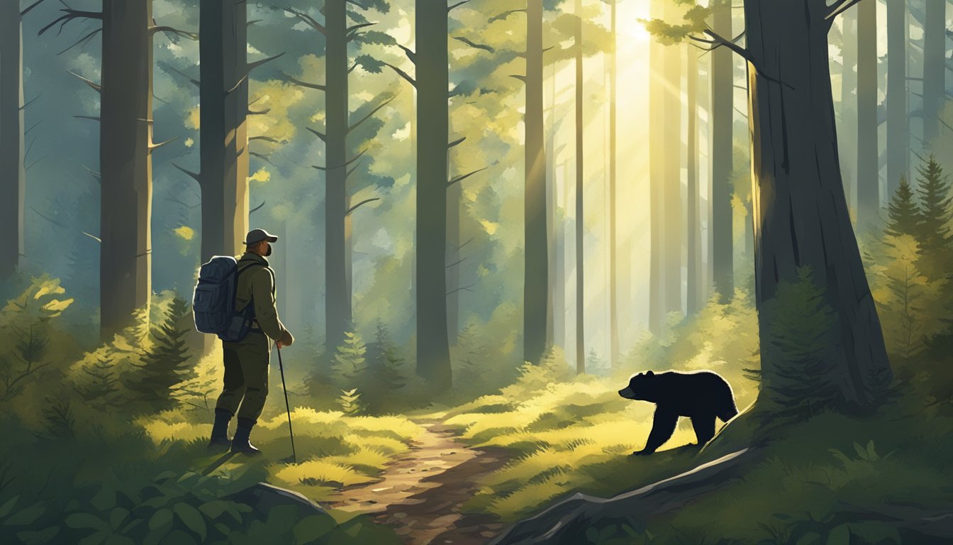 A hunter stands in a dense forest, checking his gear and tracking the footprints of a bear. The sun filters through the trees, casting dappled shadows on the forest floor