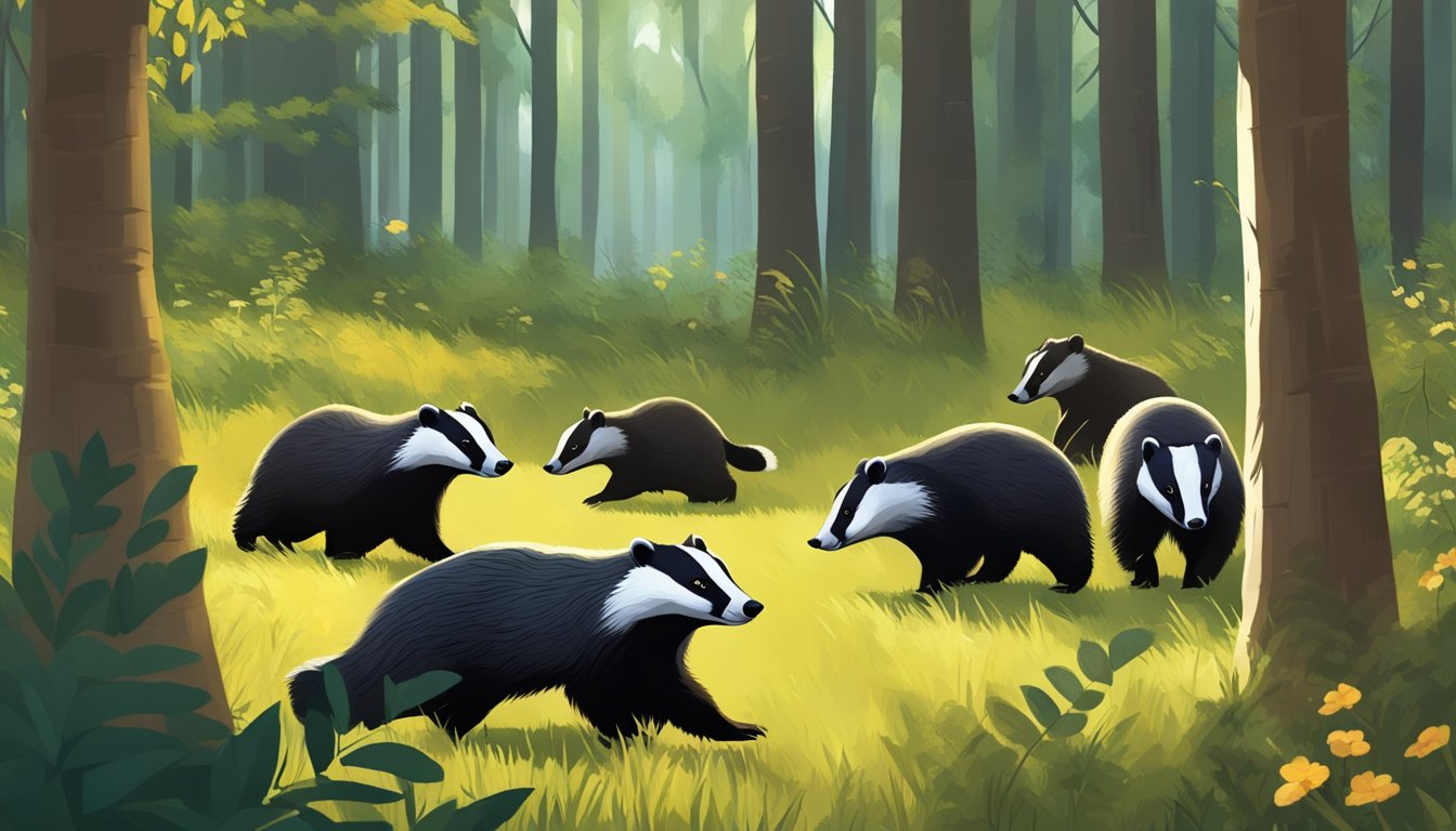 A group of badgers roam freely in a lush forest during badger hunting season. The trees are in full bloom and the sun casts a warm glow over the scene