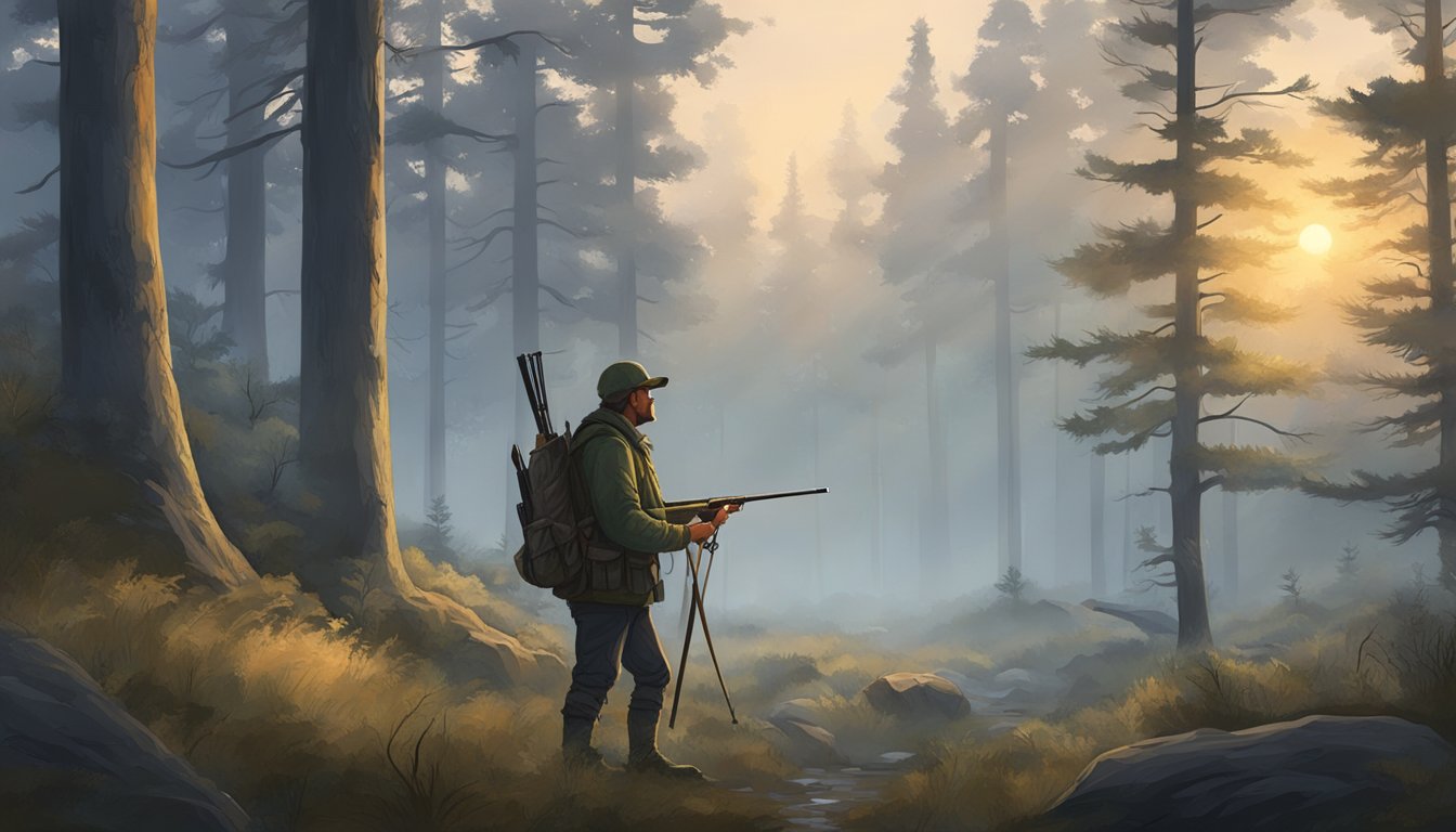 A hunter gathers gear at dawn in a misty forest clearing