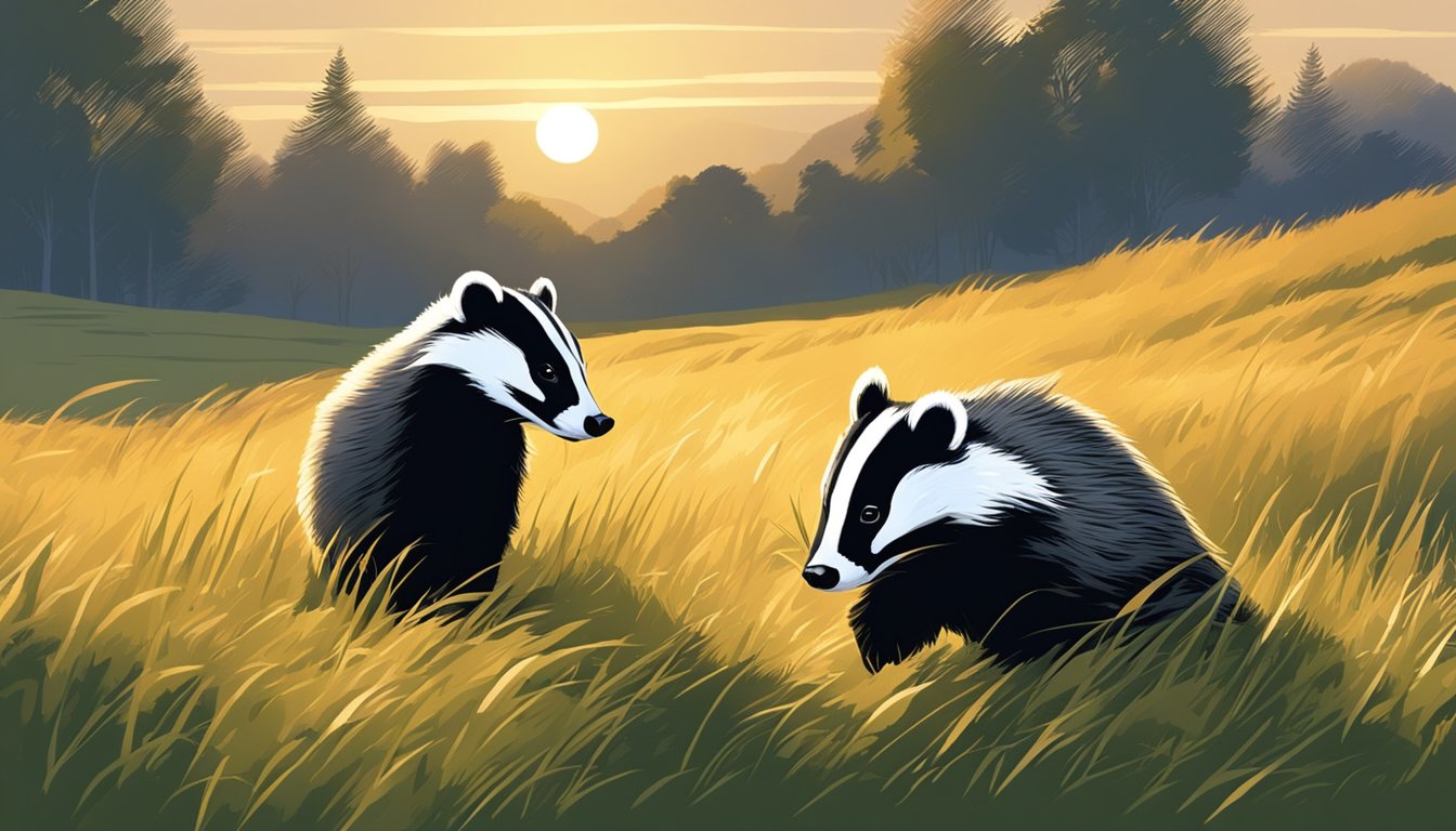 A badger emerges from its burrow at dusk, sniffing the air for prey. The golden light of the setting sun casts long shadows across the grassy meadow