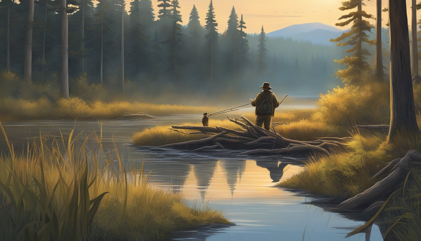 A hunter setting up a trap near a beaver dam at dawn, surrounded by dense forest and a tranquil river