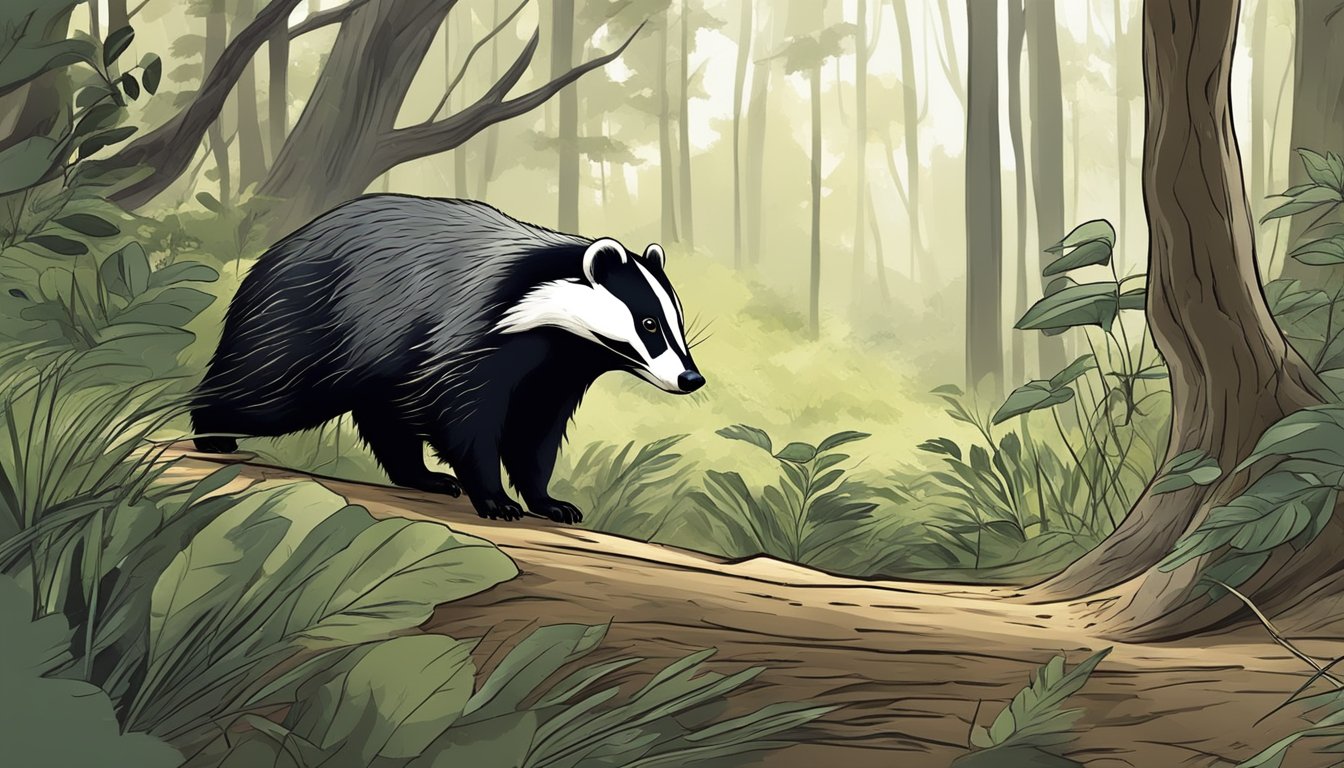 A badger prowls through a dense forest, its keen senses alert for prey. Nearby, a related species of predator stealthily stalks its own quarry, ready for the hunt