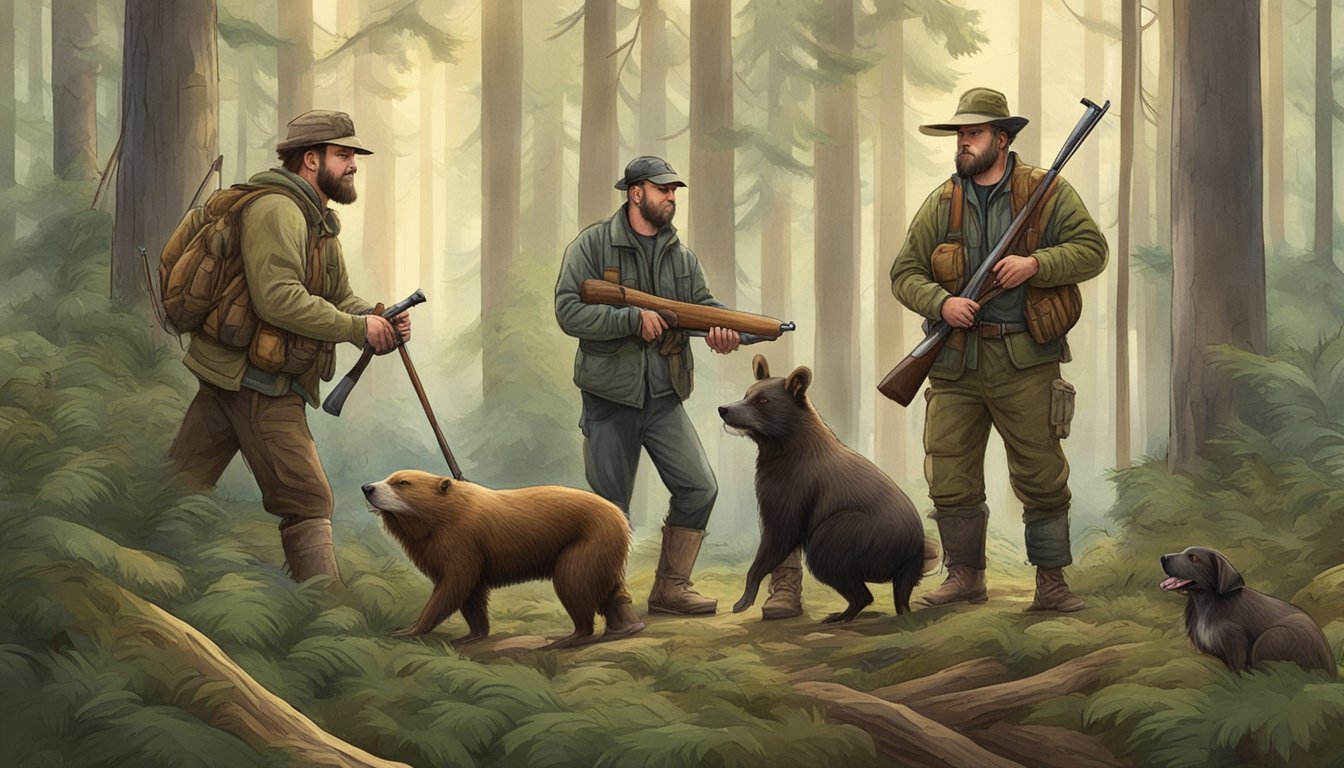 A beaver and a group of hunters with their dogs in a forest clearing