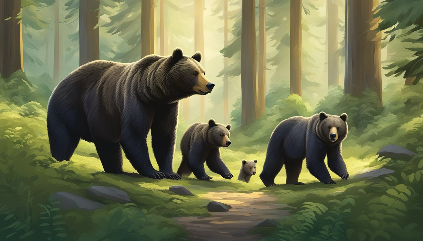 A bear family peacefully roaming through a lush forest, surrounded by vibrant greenery and a serene atmosphere