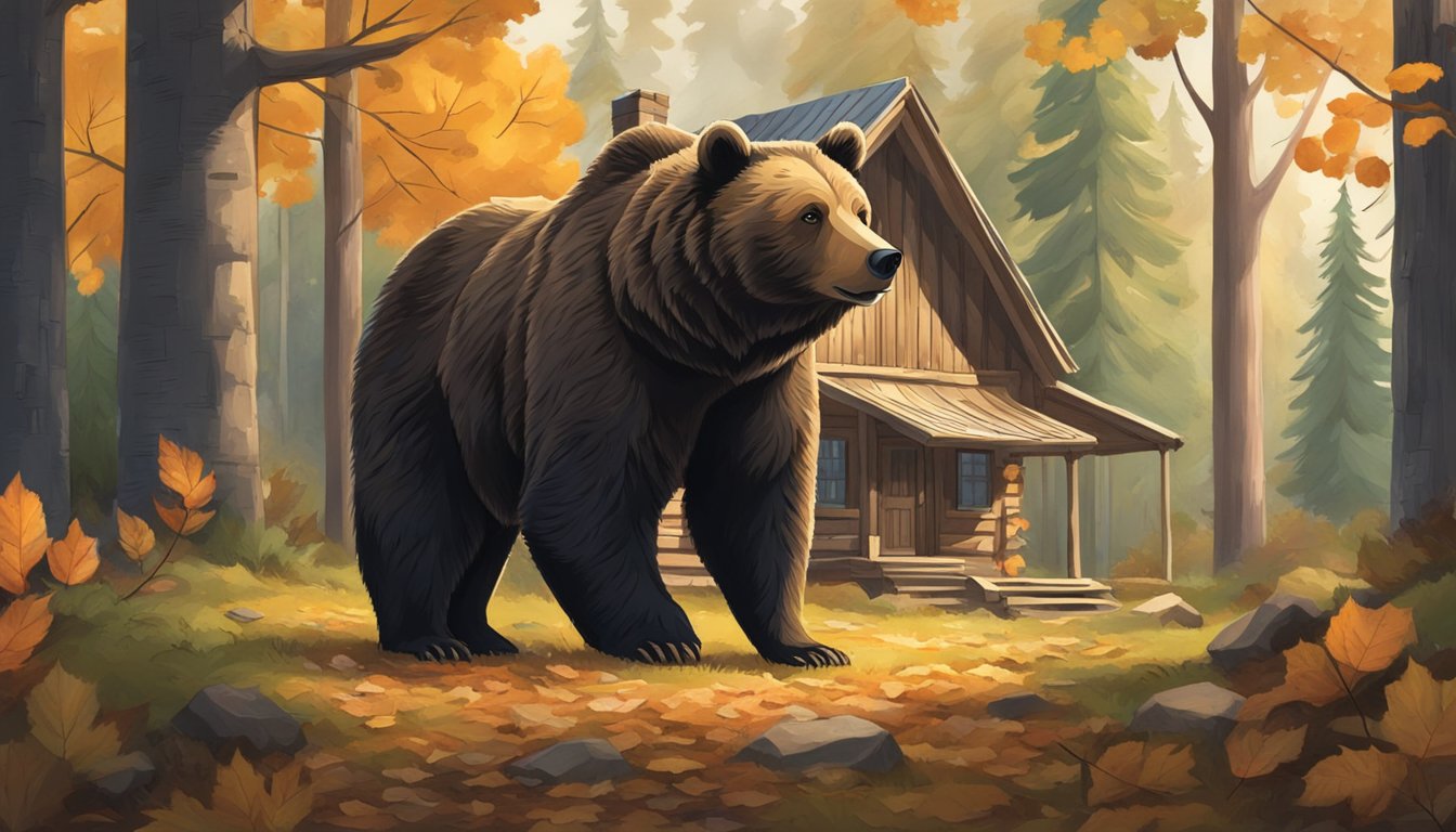 A bear stands victorious in a forest clearing, surrounded by fallen leaves and a distant hunter's cabin