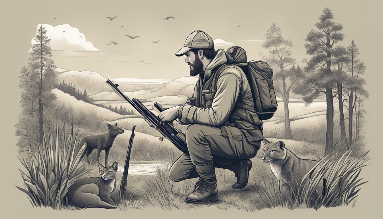 A hunter kneeling beside a rifle, surrounded by wildlife and nature, with a sign displaying ethical hunting guidelines in the background