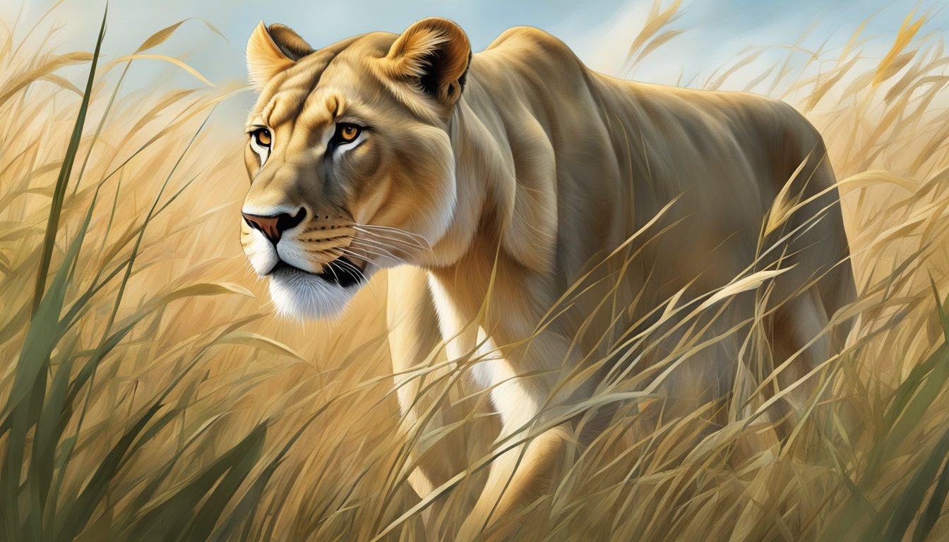 A lioness stealthily stalks through the tall grass, her muscles tense as she prepares to pounce on her unsuspecting prey during big game hunting season