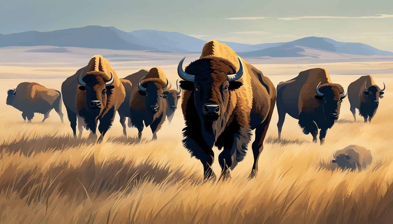 A herd of bison roam the vast grasslands, with rolling hills and scattered trees in the distance