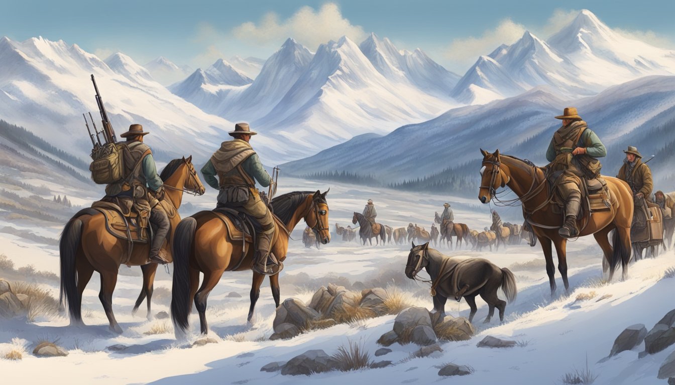 A group of hunters gather weapons and supplies, while horses are loaded with gear. Snow-covered mountains loom in the distance