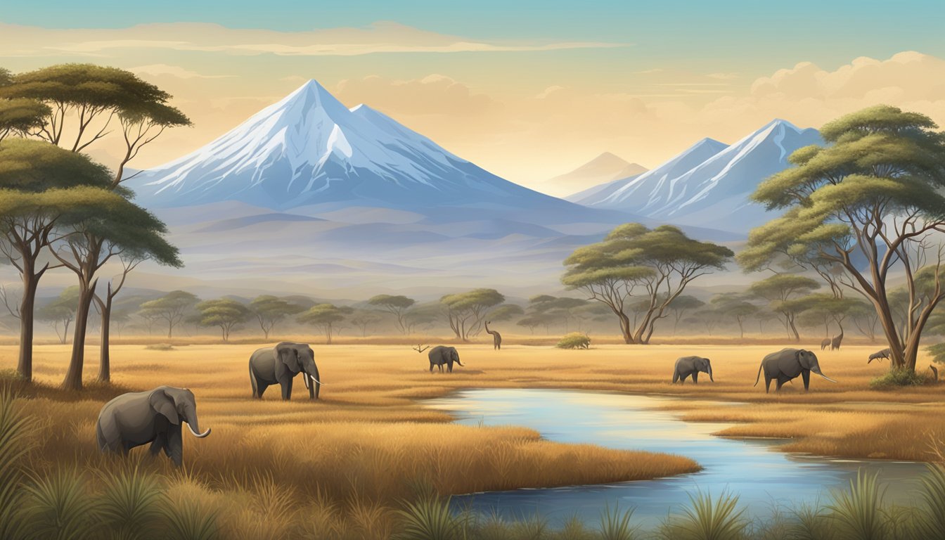 A vast savannah with diverse wildlife, bordered by dense forests and snow-capped mountains