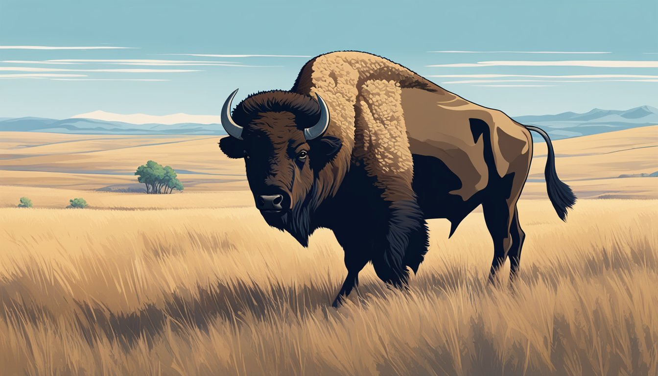 A bison stands in a vast open prairie, surrounded by rolling hills and a clear blue sky. The hunter approaches with respect, mindful of ethical considerations