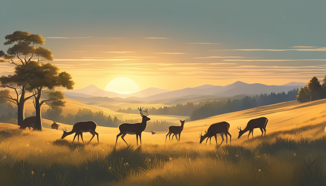 A vast wilderness with rolling hills, dense forests, and open meadows. A herd of deer grazing peacefully under the golden light of the setting sun