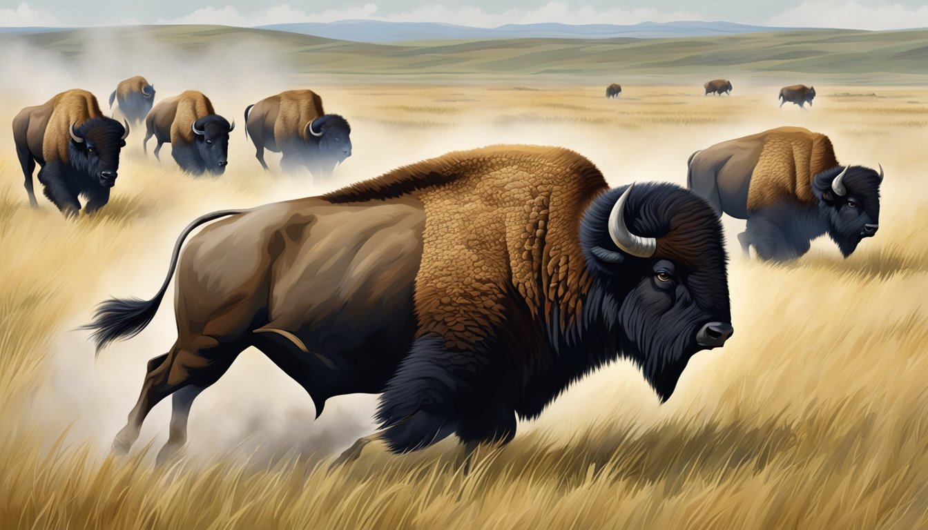 A bison charging through a grassy plain, with hunters in the background