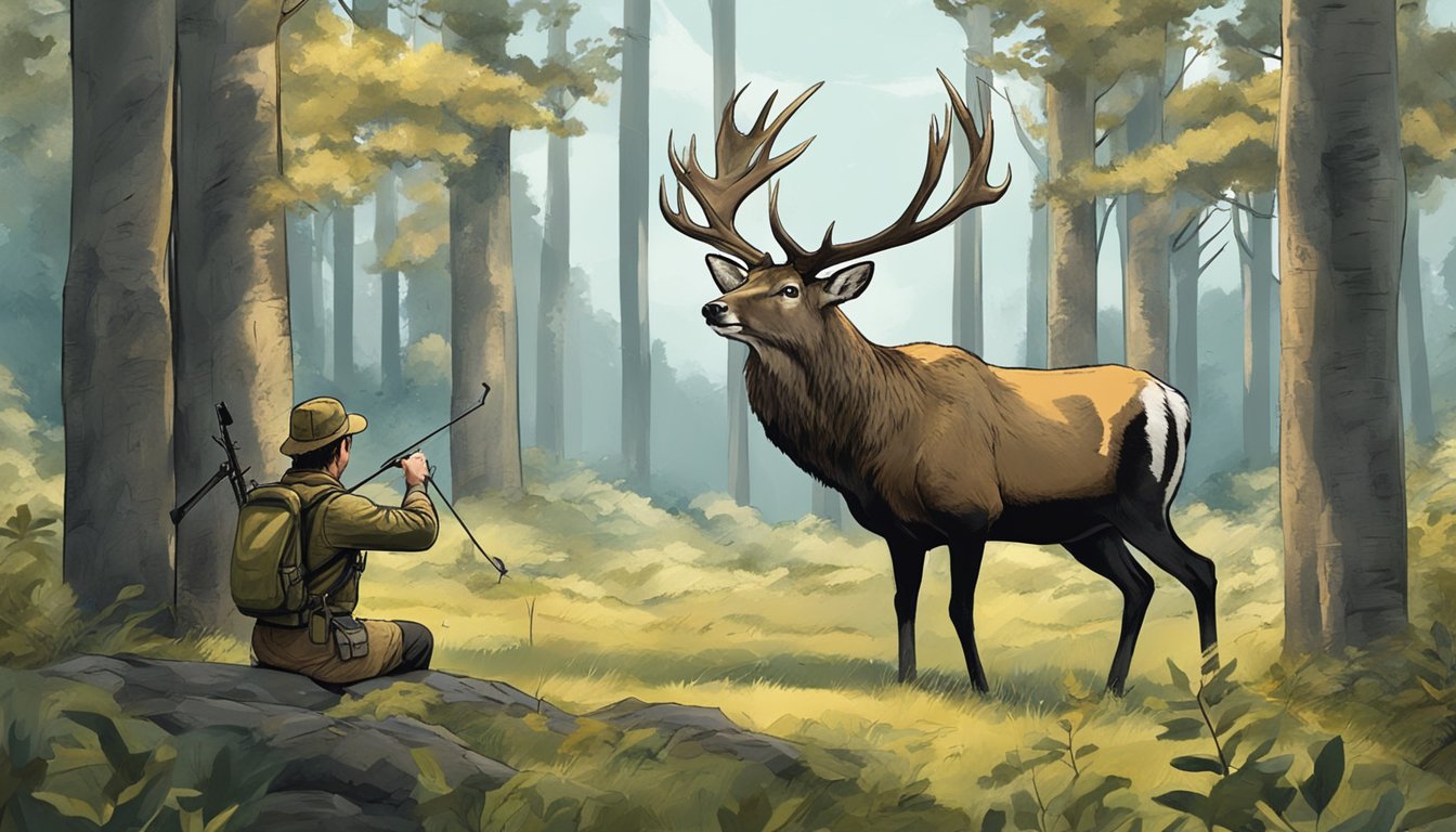 A hunter draws a bow, aiming at a massive stag in a wooded clearing. Arrows and hunting gear lay nearby