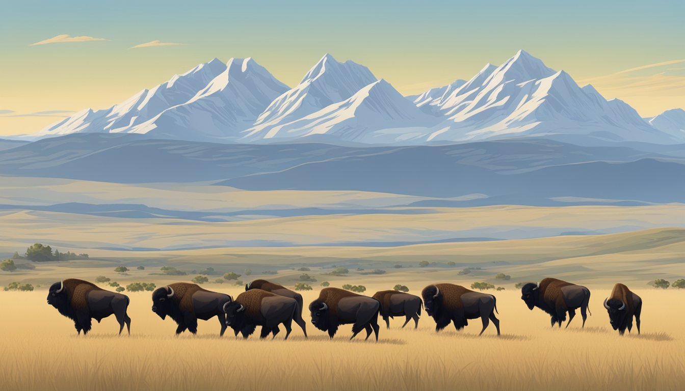 A group of bison graze in a vast, open prairie, with a few scattered trees and a distant mountain range in the background