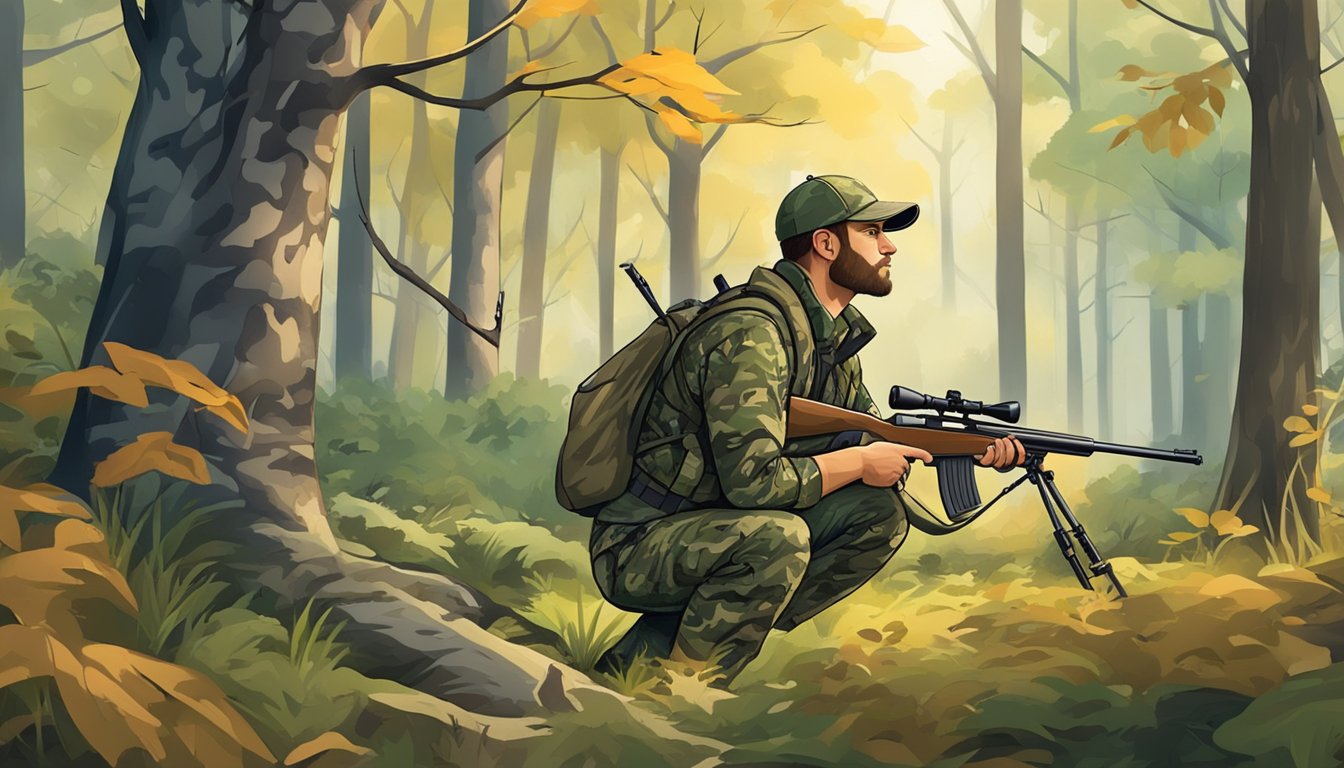 A hunter in camouflage aims a rifle at a deer in a forest clearing