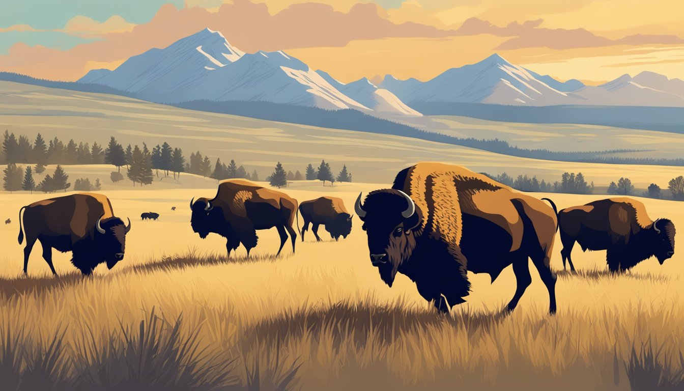 Bison herd grazing on prairie during hunting season