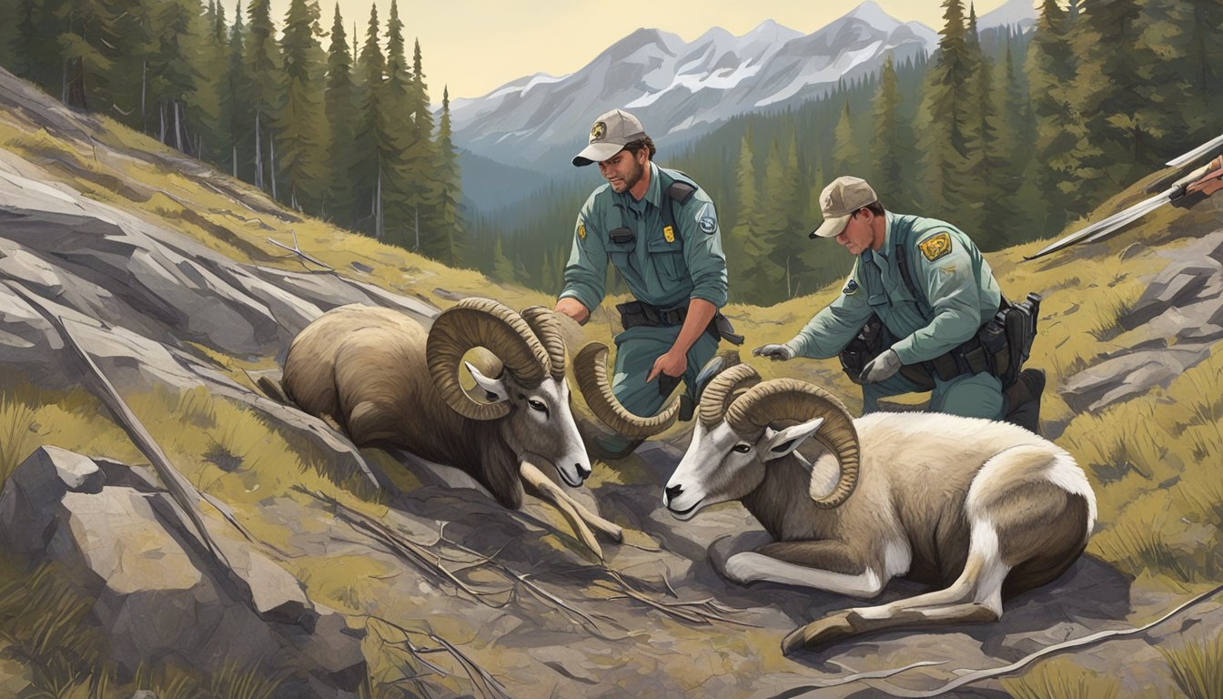 A bighorn sheep carcass being tagged and logged by a wildlife officer in a remote mountain clearing