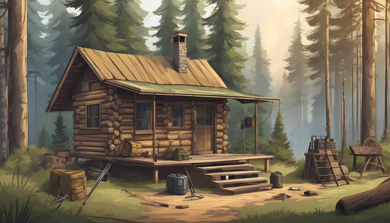 A hunter's cabin in the forest, with rifles and gear laid out. A bear trap is set near the entrance, and camouflage clothing hangs from a line