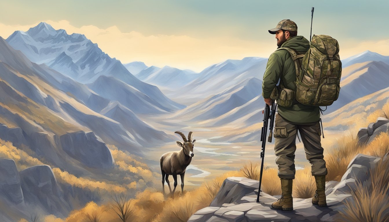 A hunter in camouflage gear with a rifle and backpack, overlooking a rugged mountain landscape with bighorn sheep grazing in the distance