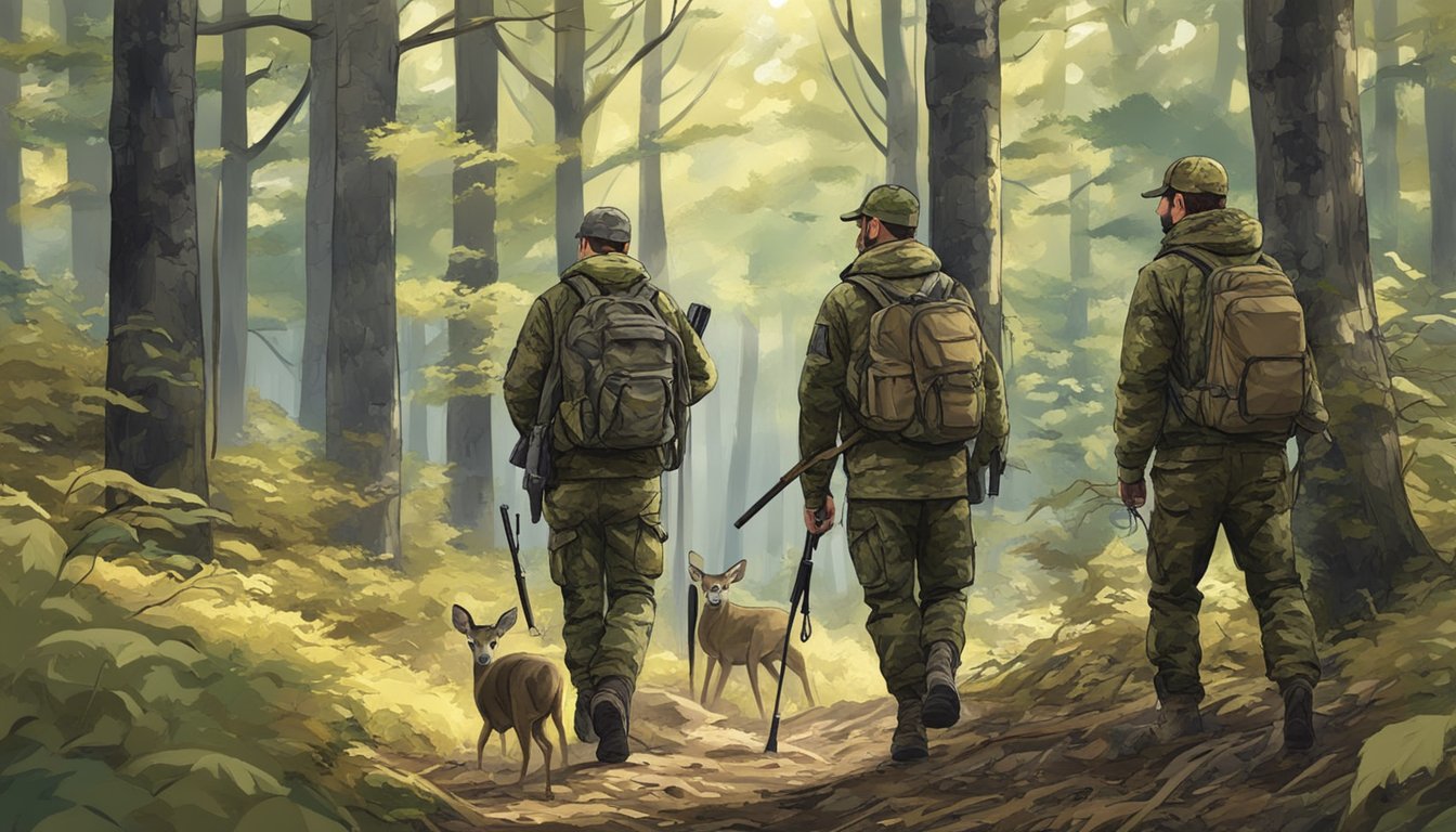 A group of hunters in camouflage gear tracking black tailed deer in a forest during hunting season