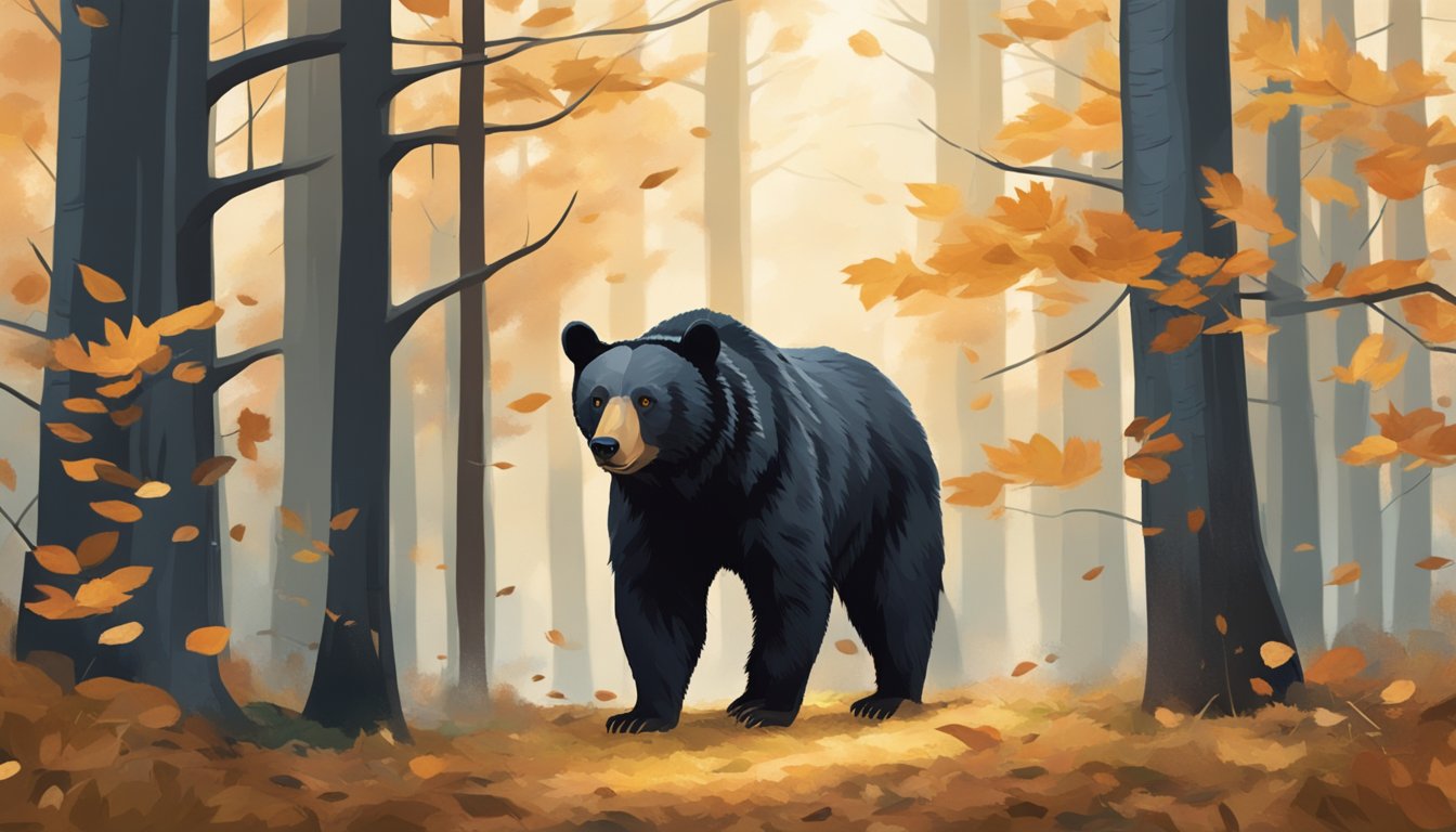 A black bear stands in a forest clearing, surrounded by fallen leaves and tall trees, with a sense of tension in the air