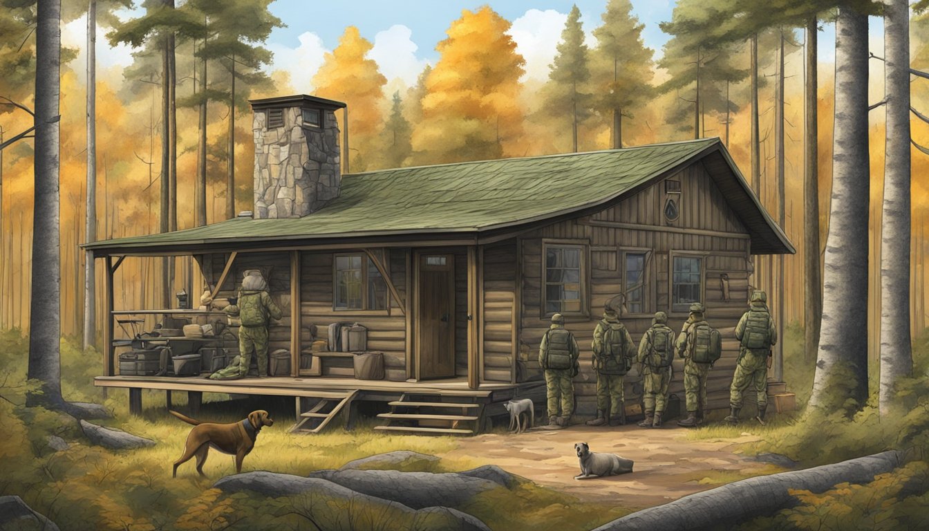 A hunter's cabin surrounded by dense forest, with camouflage gear, rifles, and hunting dogs ready for black-tailed deer season