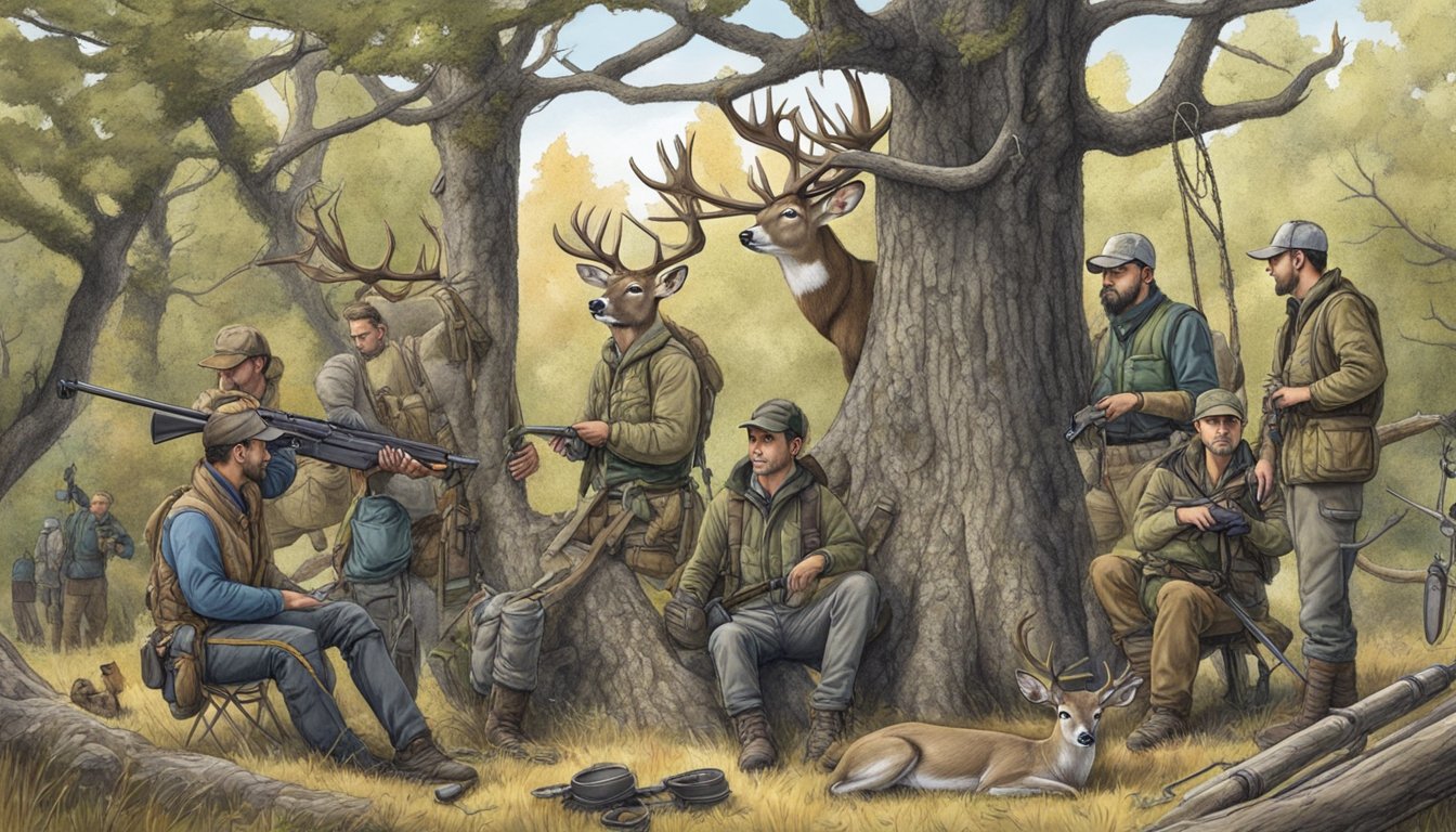 A black tailed deer hanging from a tree, surrounded by hunting gear and a group of hunters discussing their successful hunt