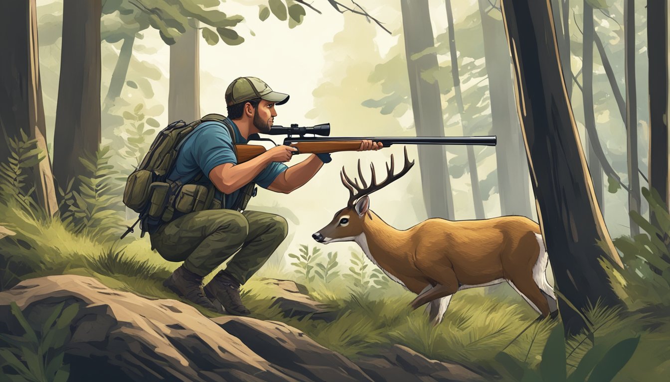 A hunter stalking through a dense forest, aiming a rifle at a grazing black-tailed deer. The deer is alert, its ears perked and eyes focused