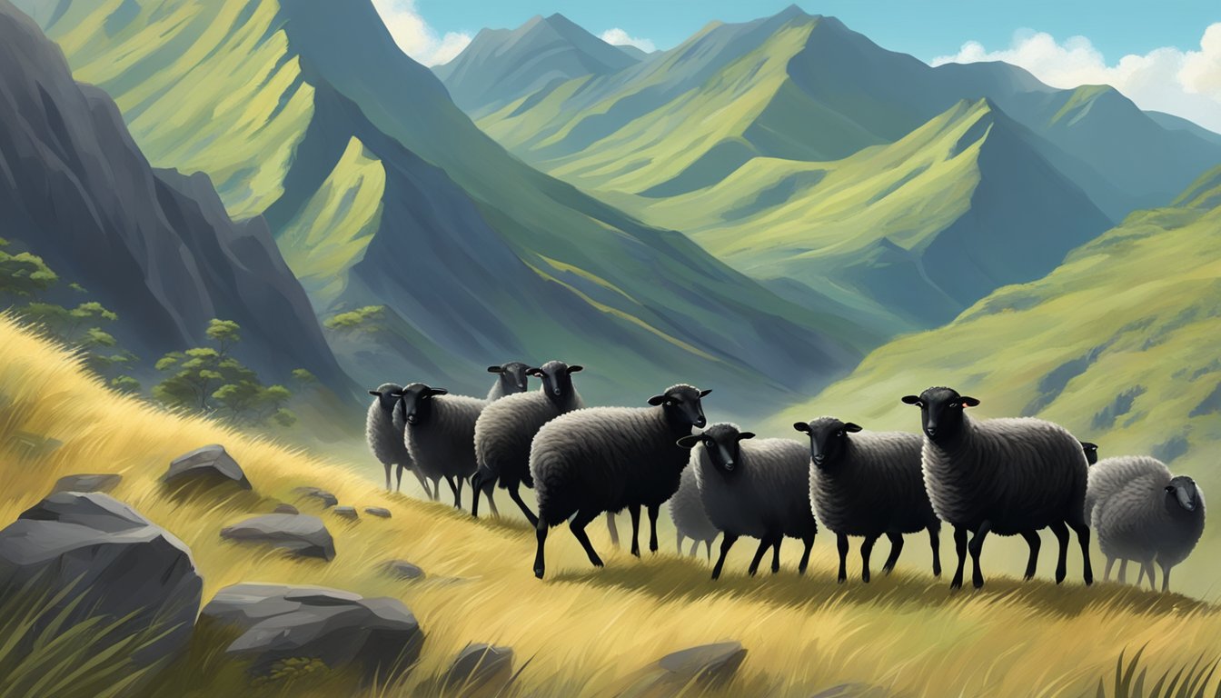 A group of Black Hawaiian sheep roam through a rugged, mountainous landscape during hunting season