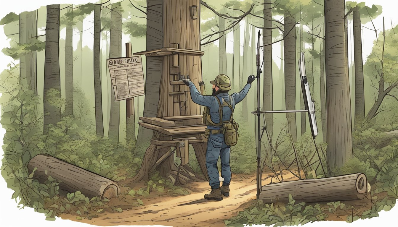 A hunter setting up a tree stand in a dense forest, with signs posted indicating regulations and requirements for bobcat hunting season