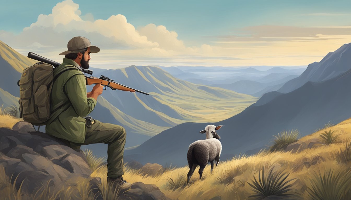 A hunter stalking a black Hawaiian sheep in the rugged mountains, bow in hand, waiting for the perfect shot