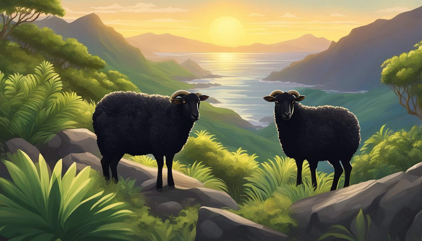 A lone black Hawaiian sheep stands on a rocky hillside, surrounded by lush greenery, as the sun sets in the distance