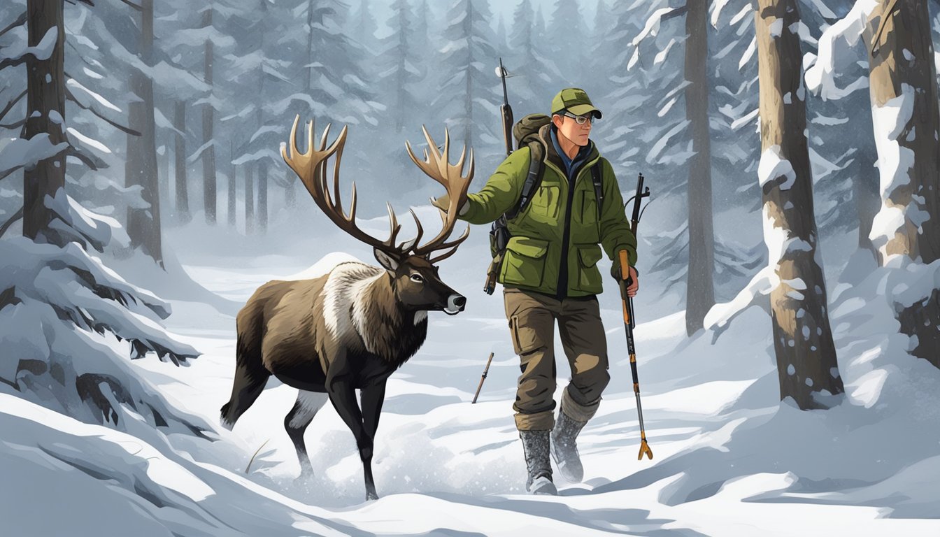 A hunter tracking caribou through a snowy forest during hunting season