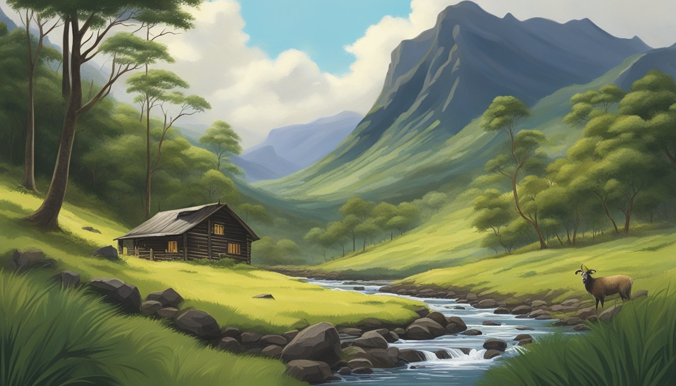 A remote, rugged landscape with lush greenery and a small hunting cabin nestled among the trees. A stream runs through the scene, and in the distance, black Hawaiian sheep graze on the hillside