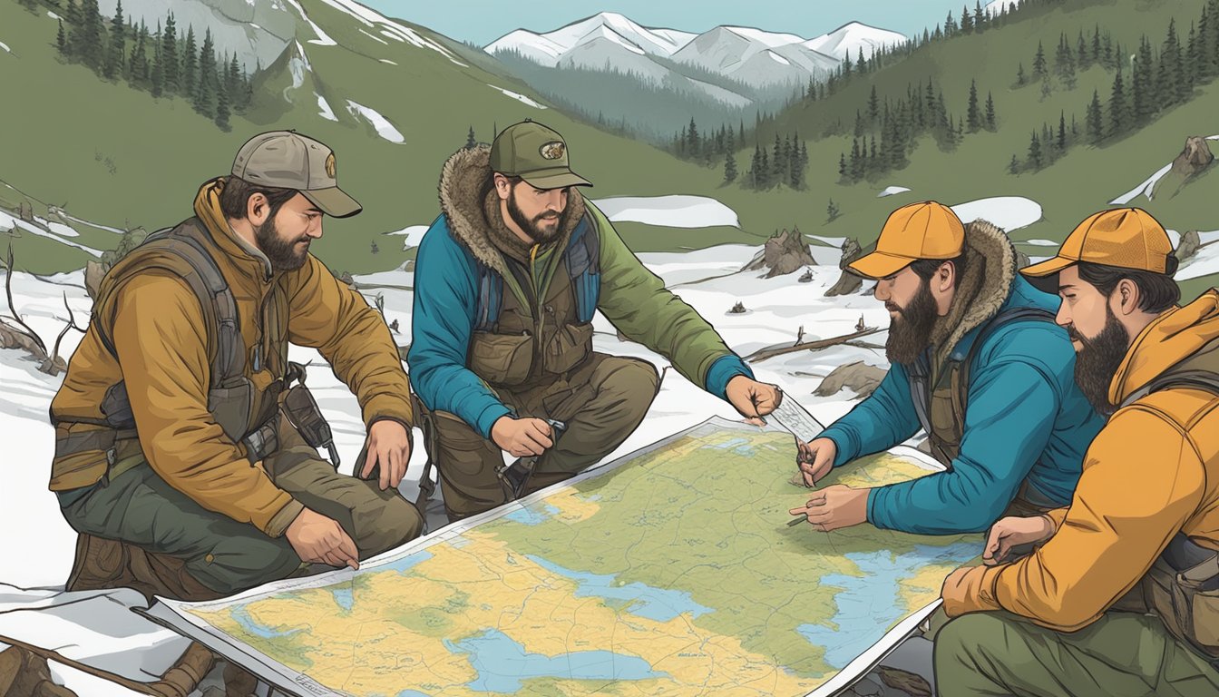 A group of hunters gather around a map, discussing the upcoming caribou hunting season. They point to different locations and strategize their plan