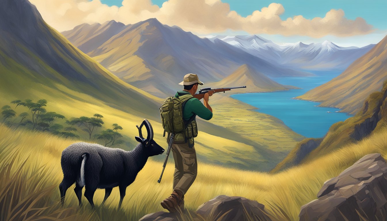 A hunter aiming a rifle at a black Hawaiian sheep in a rugged mountainous landscape