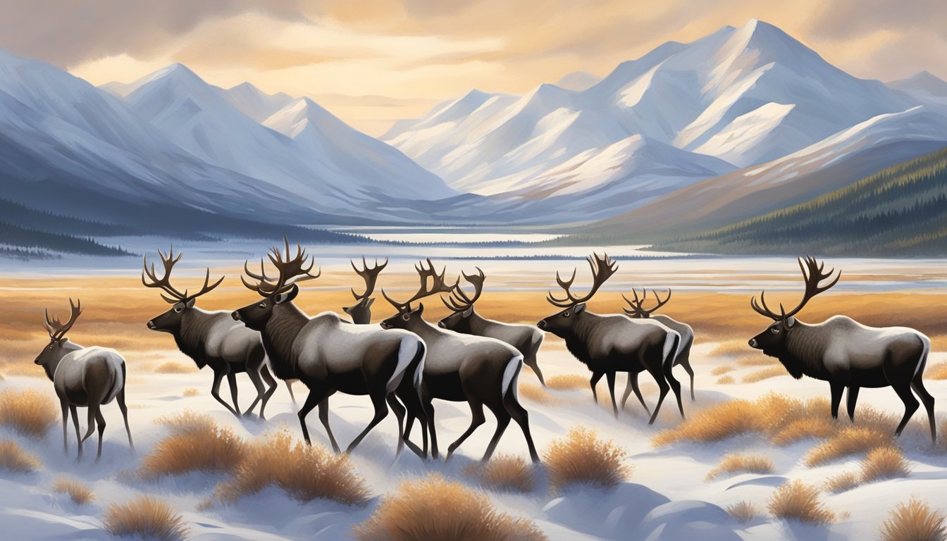 A herd of caribou roam the vast Alaskan tundra during hunting season. Snow-capped mountains and expansive plains create the backdrop for their natural habitat